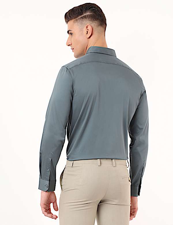 Cotton Mix Plain Spread Collar Shirt