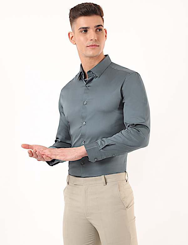 Cotton Mix Plain Spread Collar Shirt