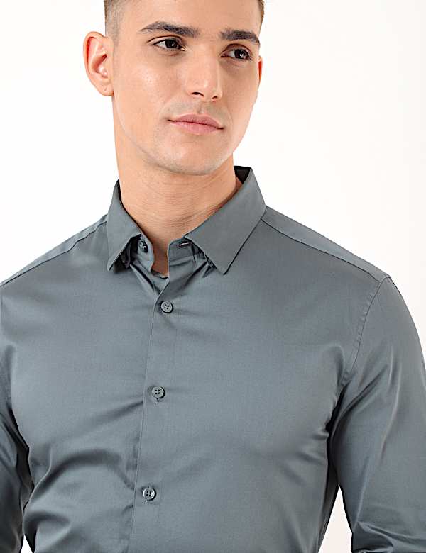 Cotton Mix Plain Spread Collar Shirt