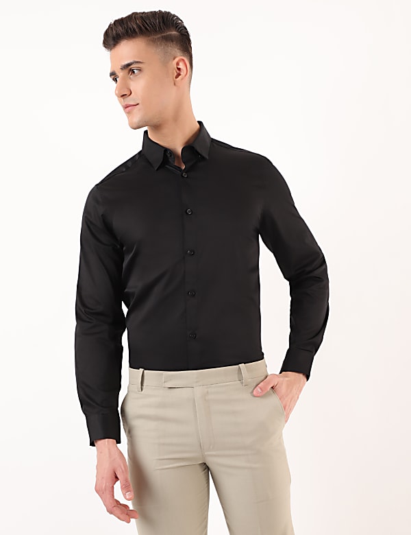Cotton Mix Plain Spread Collar Shirt