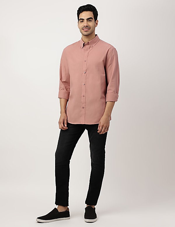 Pure Cotton Plain Button-down Collar Shirt