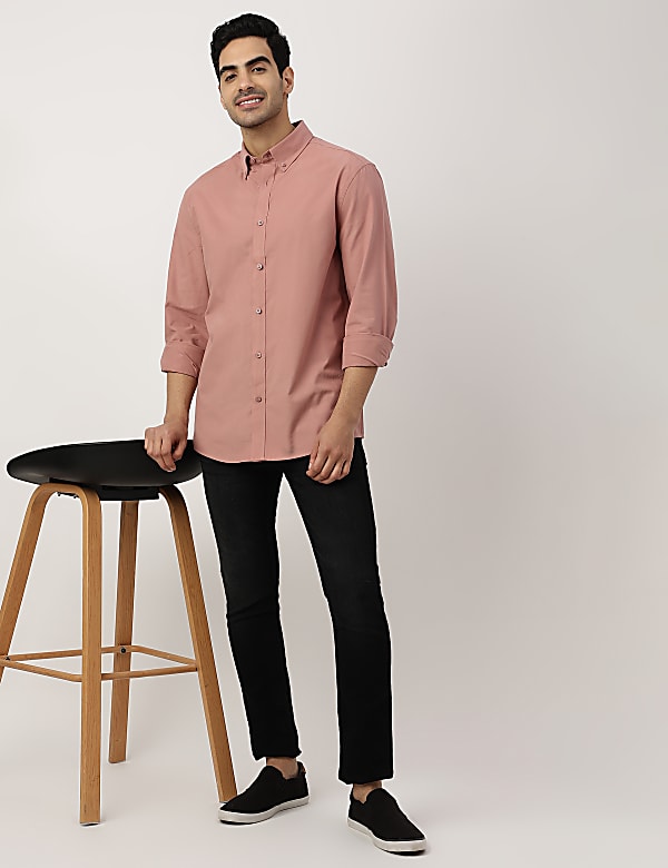 Pure Cotton Plain Button-down Collar Shirt