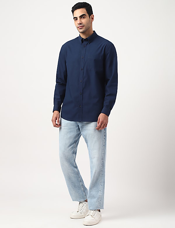 Pure Cotton Plain Button Down Collar Shirt