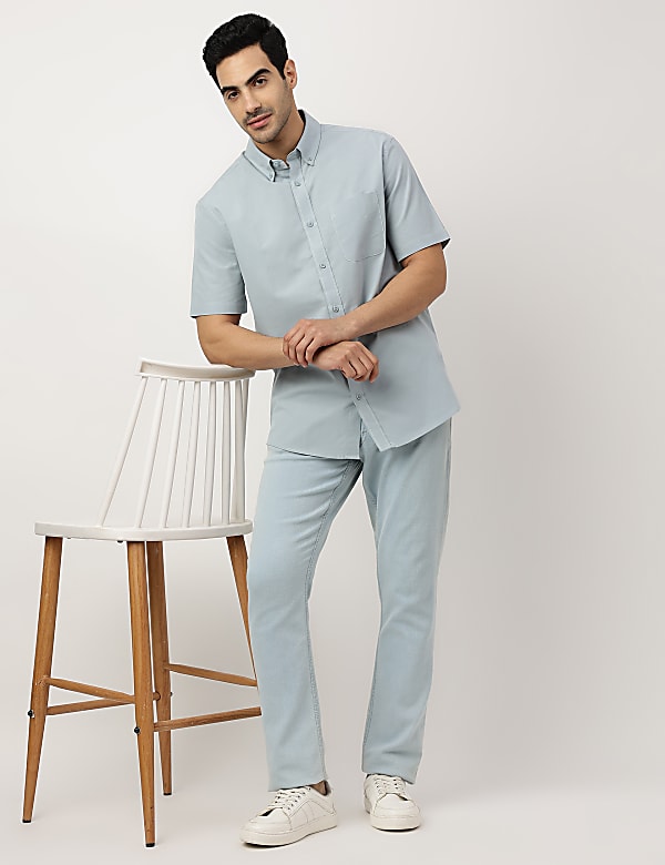 Pure Cotton Plain Button-down Collar Shirt