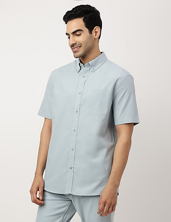 Pure Cotton Plain Button-down Collar Shirt
