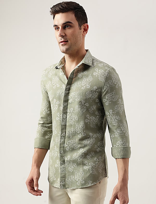 Slim Fit Linen Blend Printed Shirt