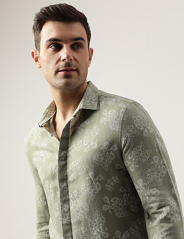 Slim Fit Linen Blend Printed Shirt