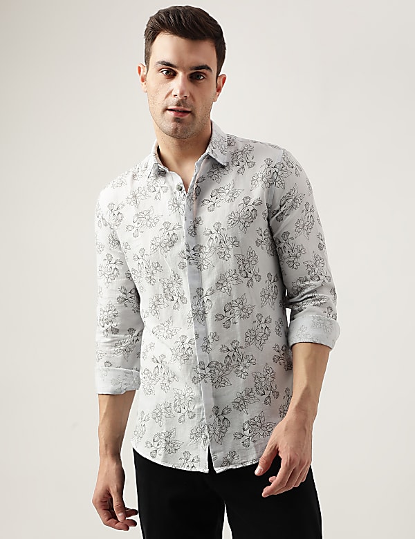 Slim Fit Linen Blend Printed Shirt