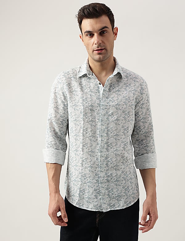 Regular Fit Linen Blend Printed Shirt