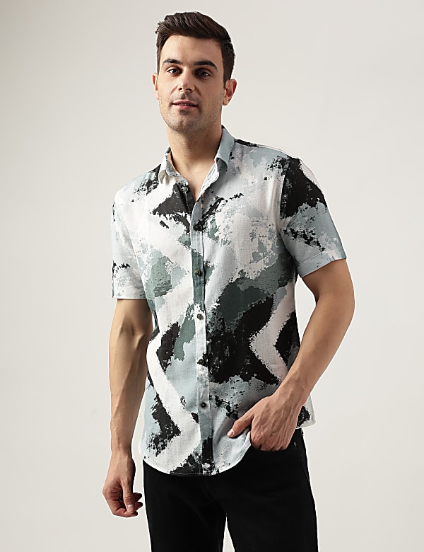 Slim Fit Linen Blend Printed Shirt