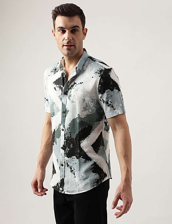 Slim Fit Linen Blend Printed Shirt