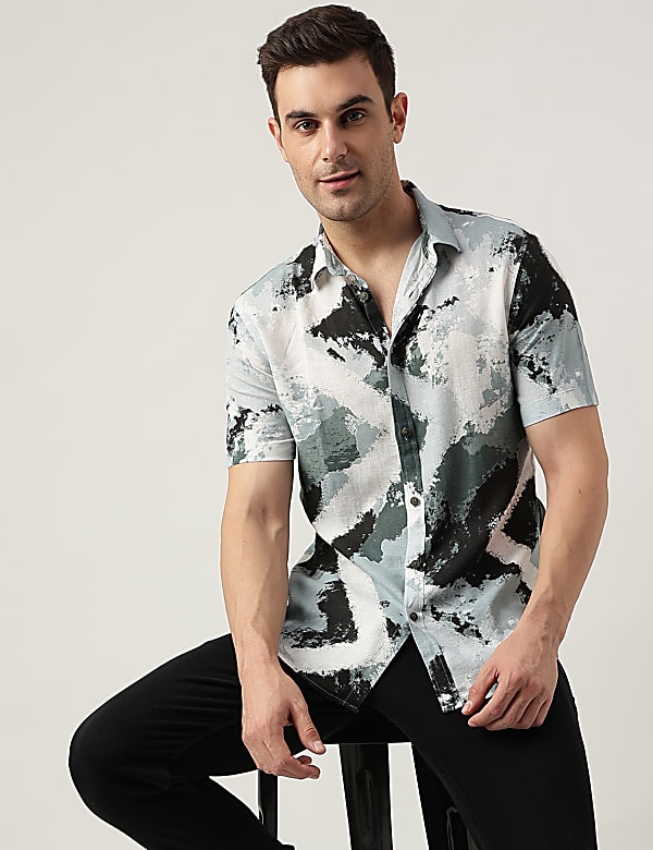 Slim Fit Linen Blend Printed Shirt