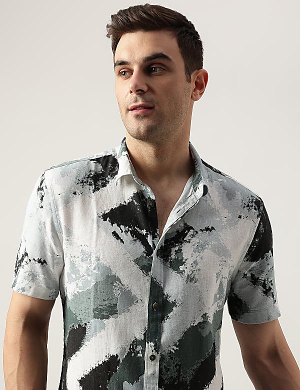 Slim Fit Linen Blend Printed Shirt
