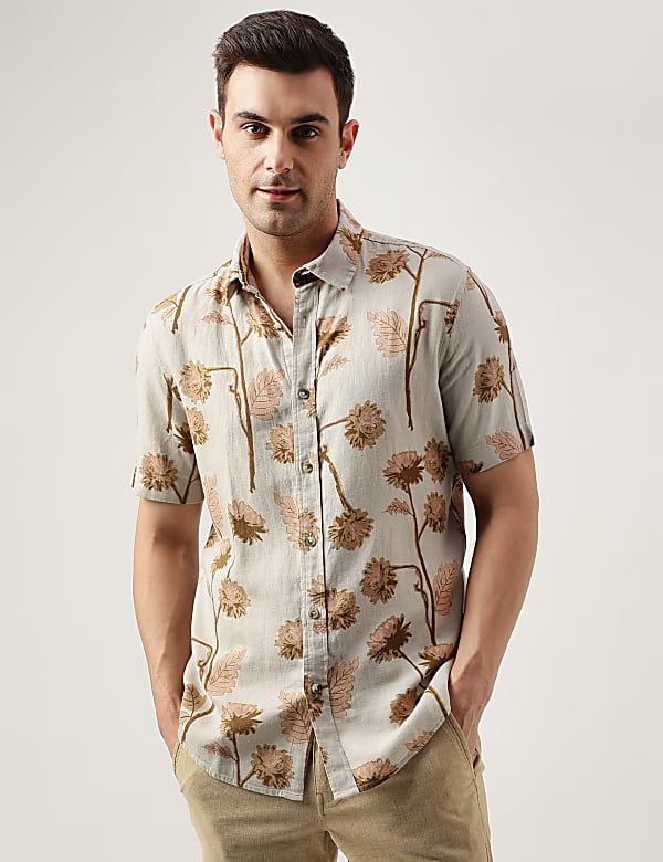 Regular Fit Linen Blend Printed Shirt