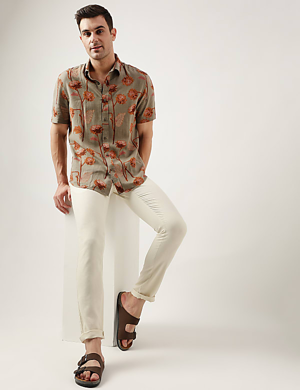 Regular Fit Linen Blend Printed Shirt