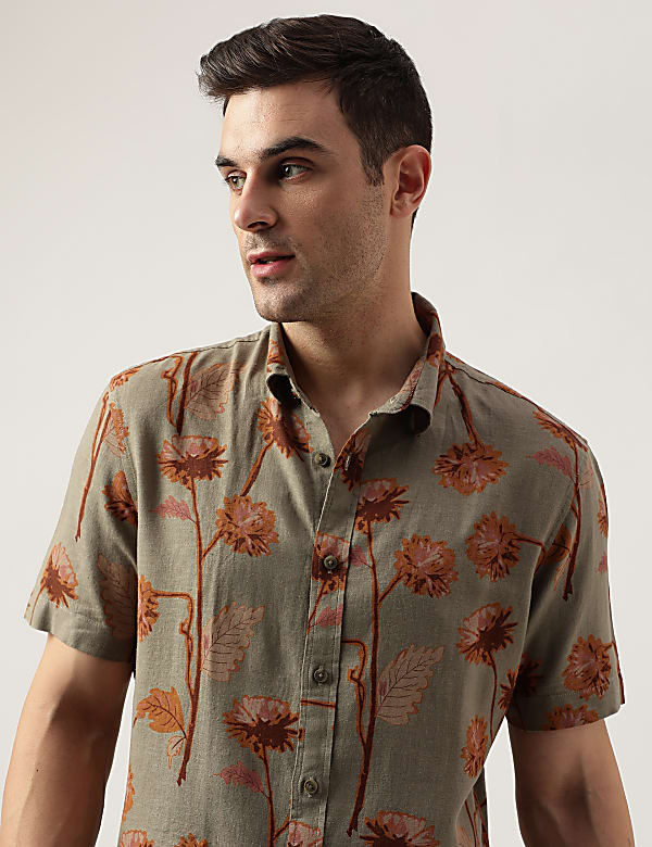 Regular Fit Linen Blend Printed Shirt