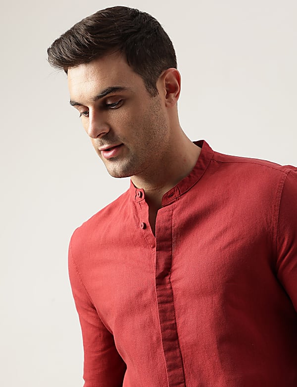 Slim Fit Linen Blend Plain Shirt
