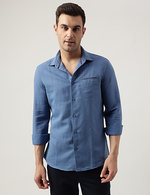 Slim Fit Linen Blend Plain Shirt