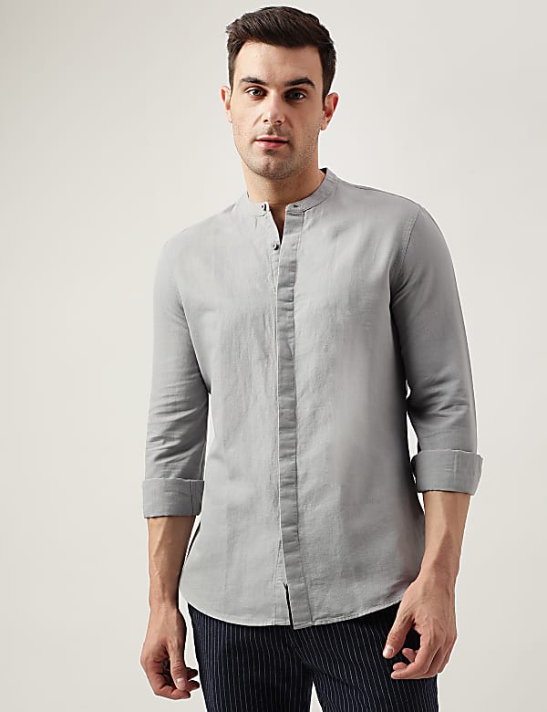 Slim Fit Linen Blend Plain Shirt