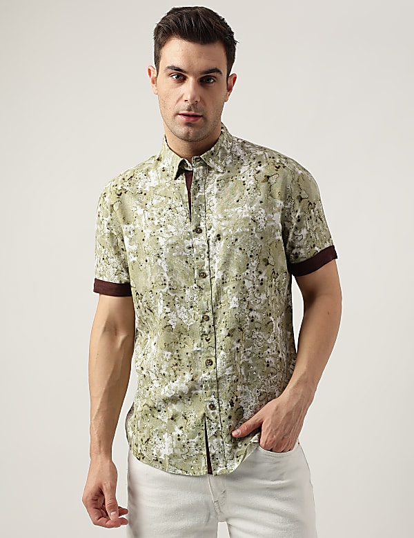 Regular Fit Linen Blend Printed Shirt