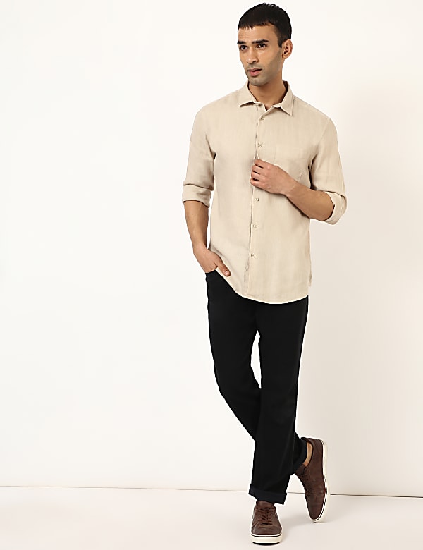 Pure Linen Plain Spread Collar Shirt
