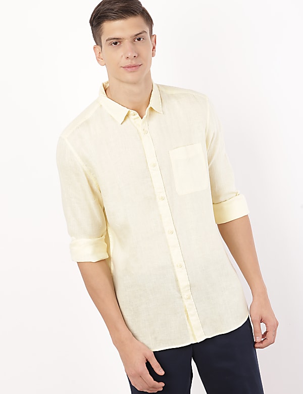 Pure Linen Plain Spread Collar Shirt