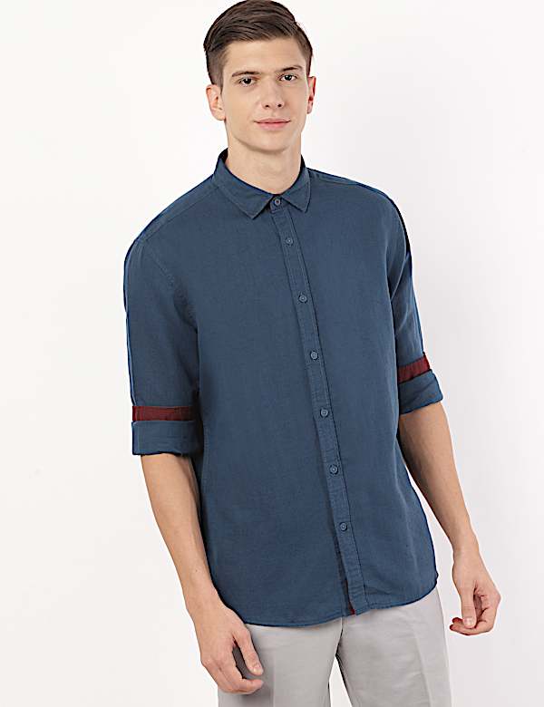 Linen Mix Plain Spread Collar Shirt