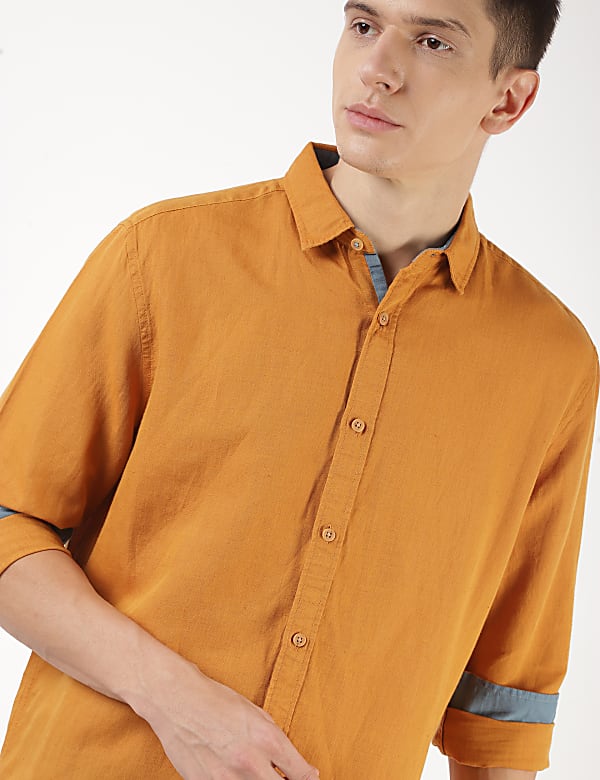 Linen Mix Plain Spread Collar Shirt