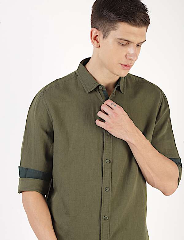 Linen Mix Plain Spread Collar Shirt
