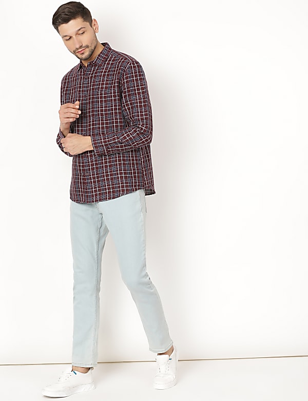Linen Mix Checked Spread Collar Shirt