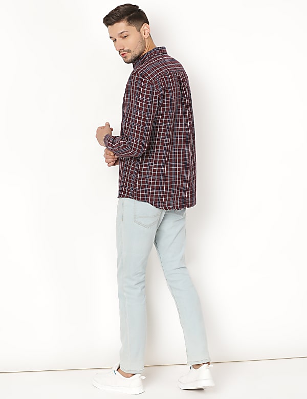 Linen Mix Checked Spread Collar Shirt