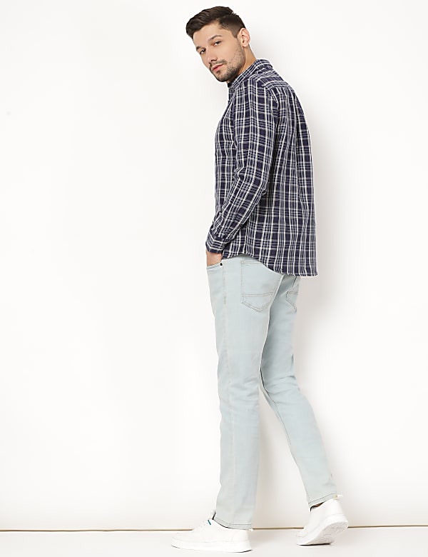 Linen Mix Checked Spread Collar Shirt