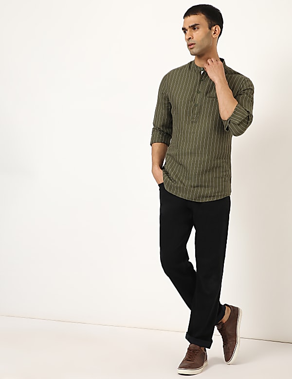 Linen Mix Striped Mandarin Neck Shirt