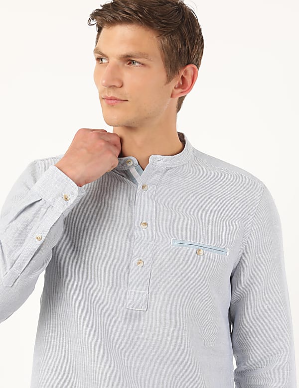 Linen Mix Self Design Mandarin Collar Shirt