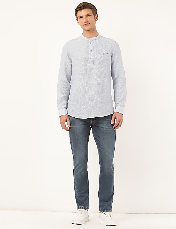 Linen Mix Self Design Mandarin Collar Shirt