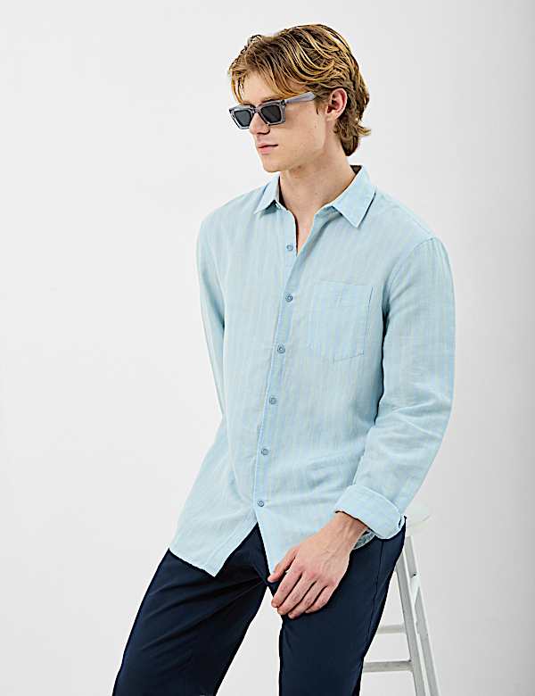 Classic Collar Linen Blend Stripe Shirt