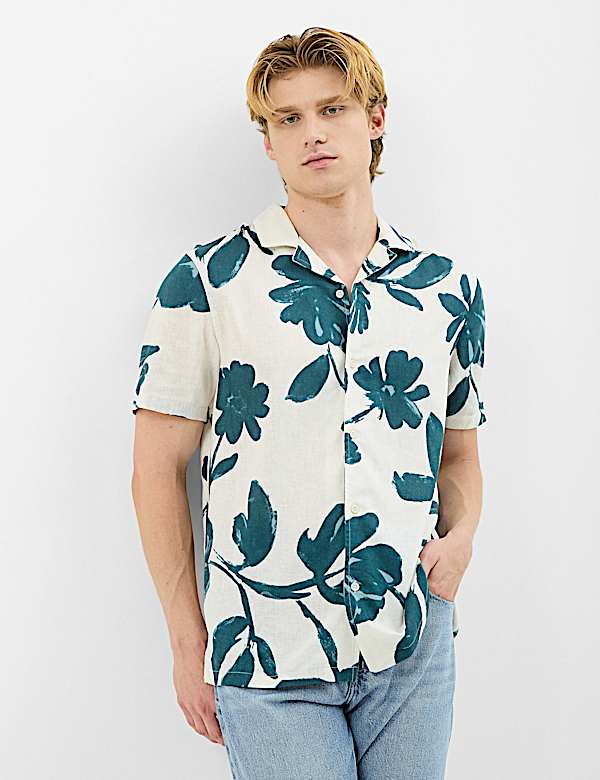Revere Collar Floral Printed Linen Shirt