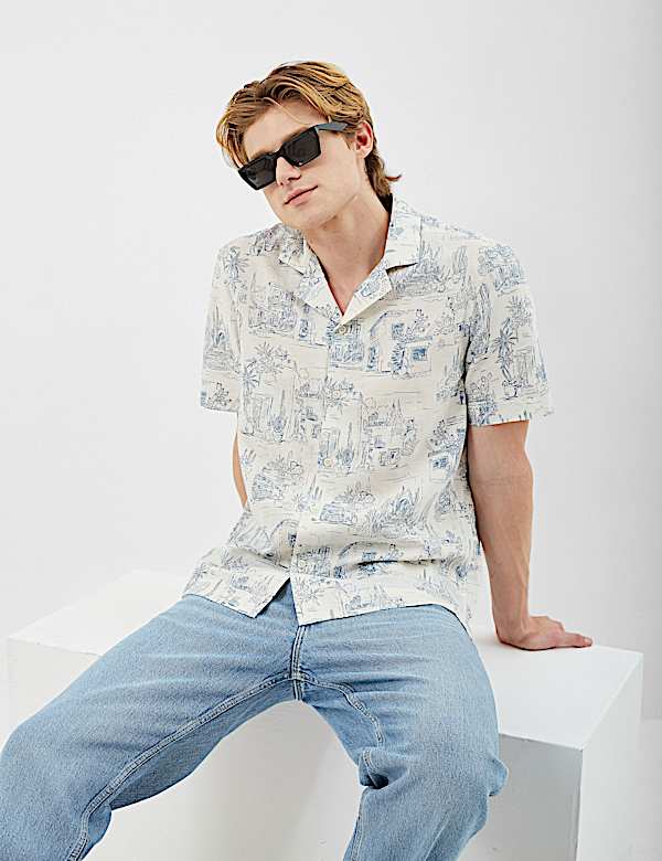 Camp Collar Linen Blend Printed Shirt