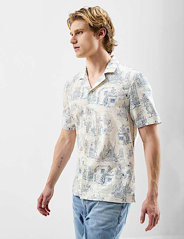 Camp Collar Linen Blend Printed Shirt