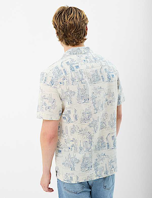 Camp Collar Linen Blend Printed Shirt