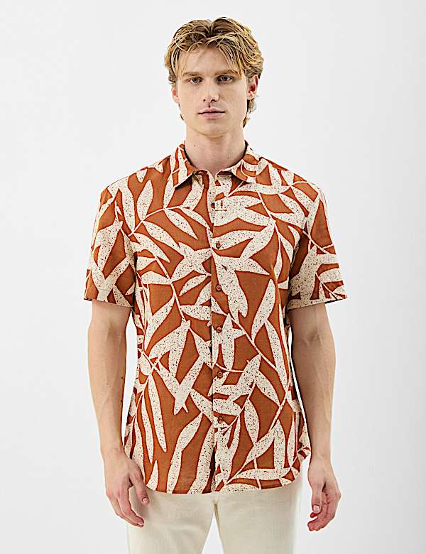 Short Sleeve Printed Shirt, Linen Blend