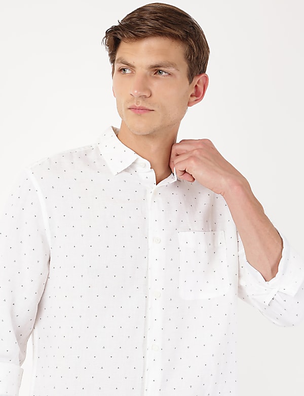 Flax Mix Printed Spread Collar Shirt