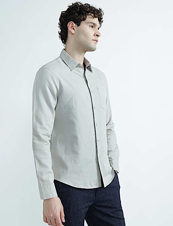 Linen Rich Spread Collar Plain Shirt