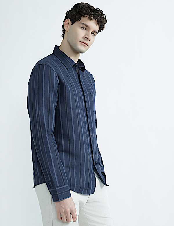 Linen Rich Spread Collar Striped Shirt