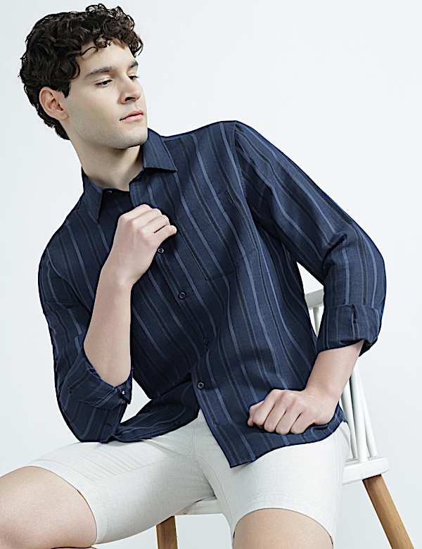 Linen Rich Spread Collar Striped Shirt