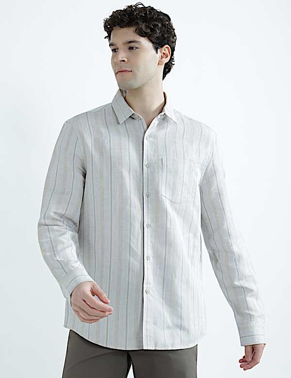 Linen Rich Spread Collar Striped Shirt