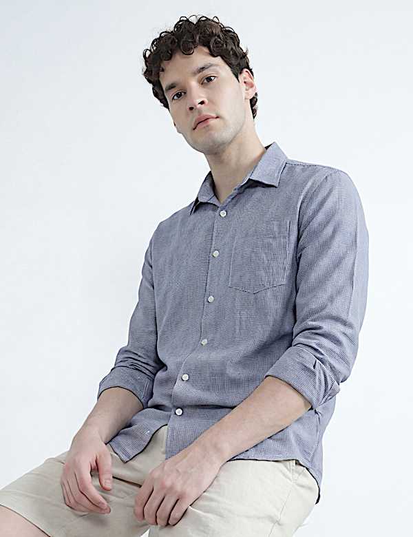 Linen Rich Spread Collar Check Shirt