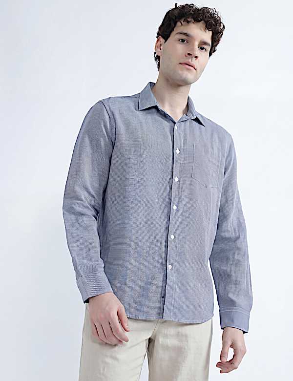 Linen Rich Spread Collar Check Shirt