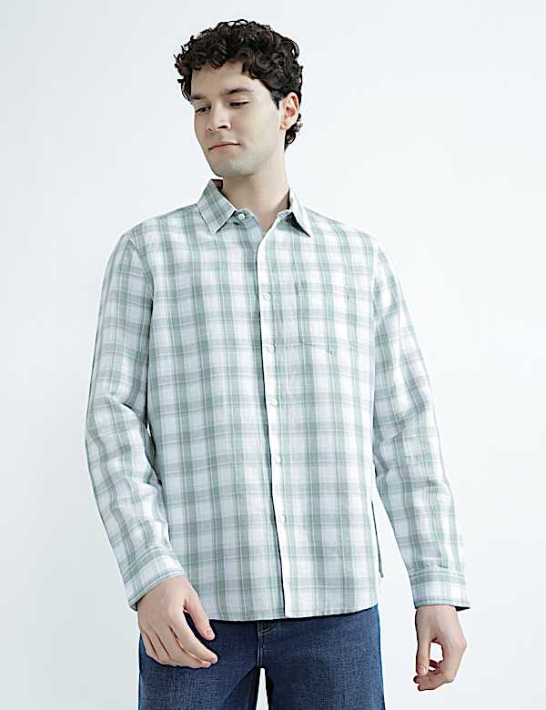 Linen Rich Spread Collar Check Shirt