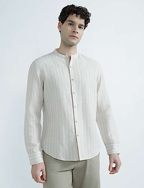 Linen Rich Mandrin Collar Striped Shirt